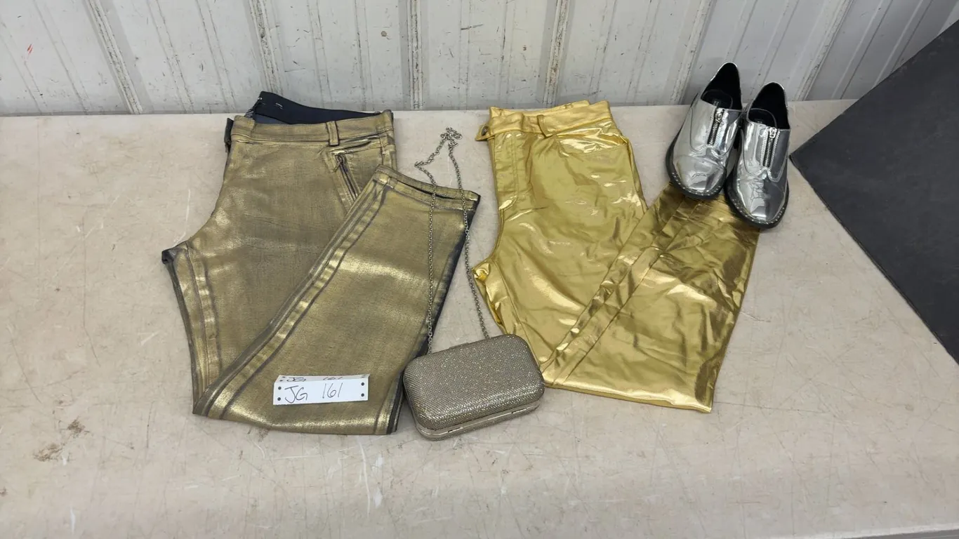 Box of clothes, could be used for Halloween. 2 Pairs of Gold Pants Olsen Europe Size L/14 and
