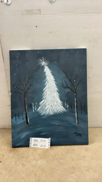 Original Acrylic Painting on Canvas by K. Reese 2018, White Christmas Tree Winter Landscape