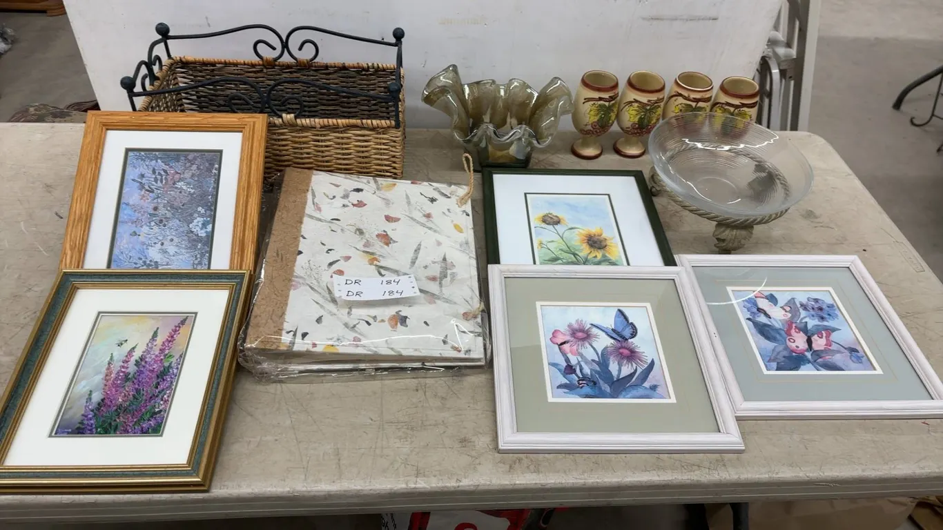 Assorted Framed Art, Decorative Baskets, Vases, and Glassware, including Butterfly and Floral