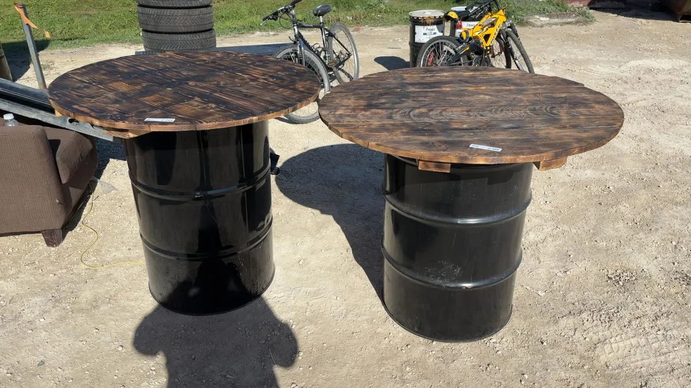 2 Metal Drum Tables with wooden table tops 39 × 39 × 38