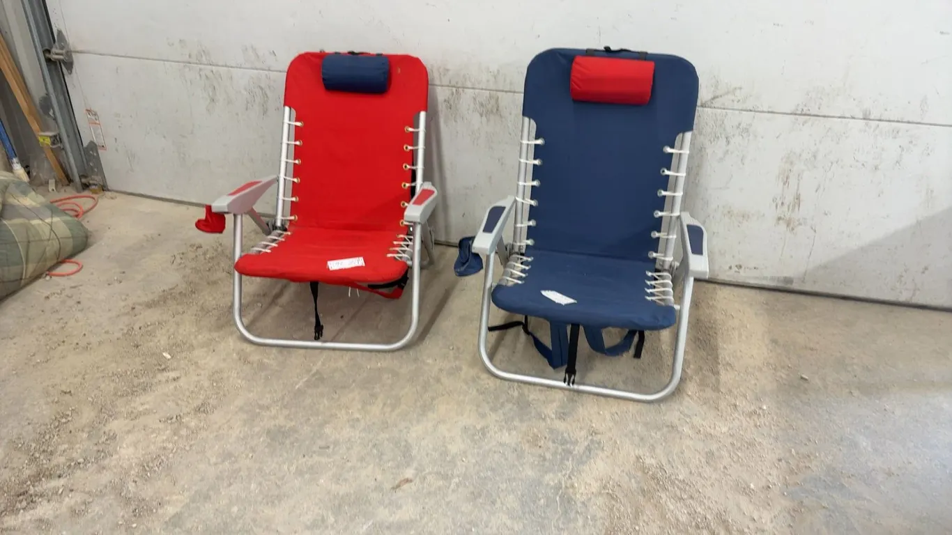 Pair of RIO Beach Hi-Boy 17” Extended Seat 5-Position Backpack Beach Chairs, Red and Blue