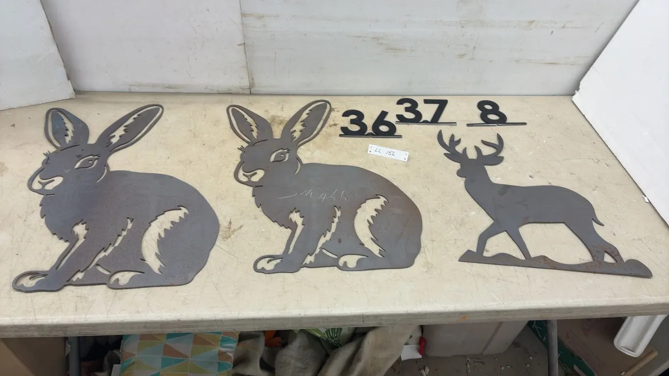 Two Metal Rabbits 24” and Deer Cutout, 18” and Decorative Numbers, 5”