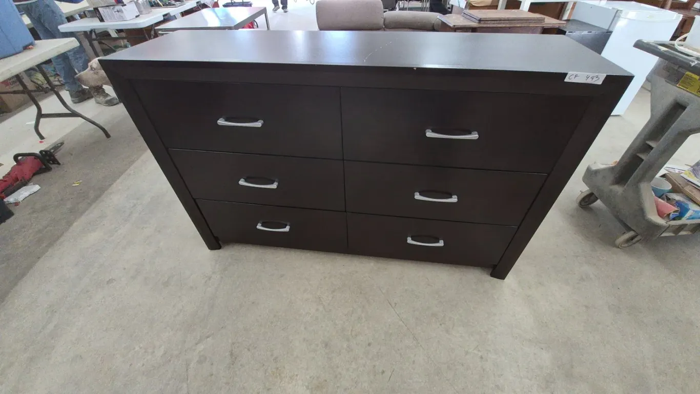 Modern Dark Brown 6-Drawer Dresser with Silver-Tone Handles. 36”×58”×16.6”