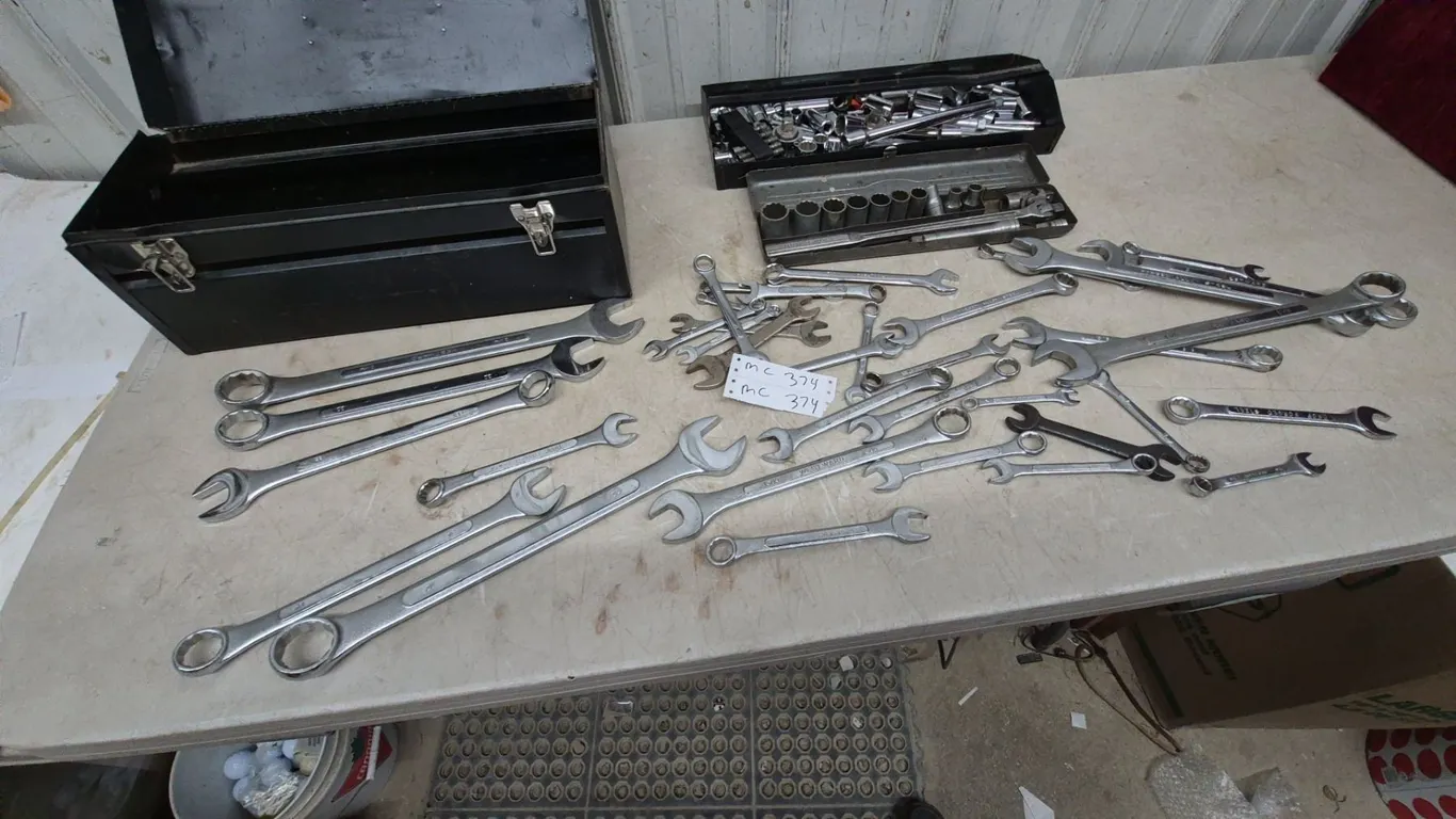 Large Lot of Wrenches and Sockets Including Craftsman and West Ward, and Metal tool box