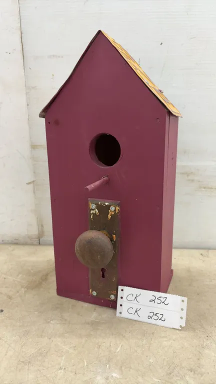 Handcrafted Wooden Birdhouse with Repurposed 1976 Manitoba License Plate Roof and Antique Doorknob