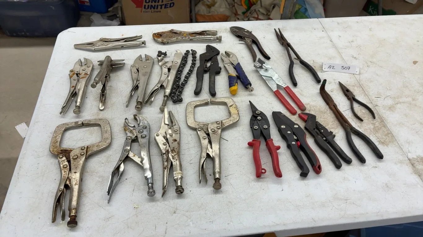 Assortment of Locking Pliers Including Vise-Grip C-Clamp, Curved Jaw, Long Nose, Tin Snips