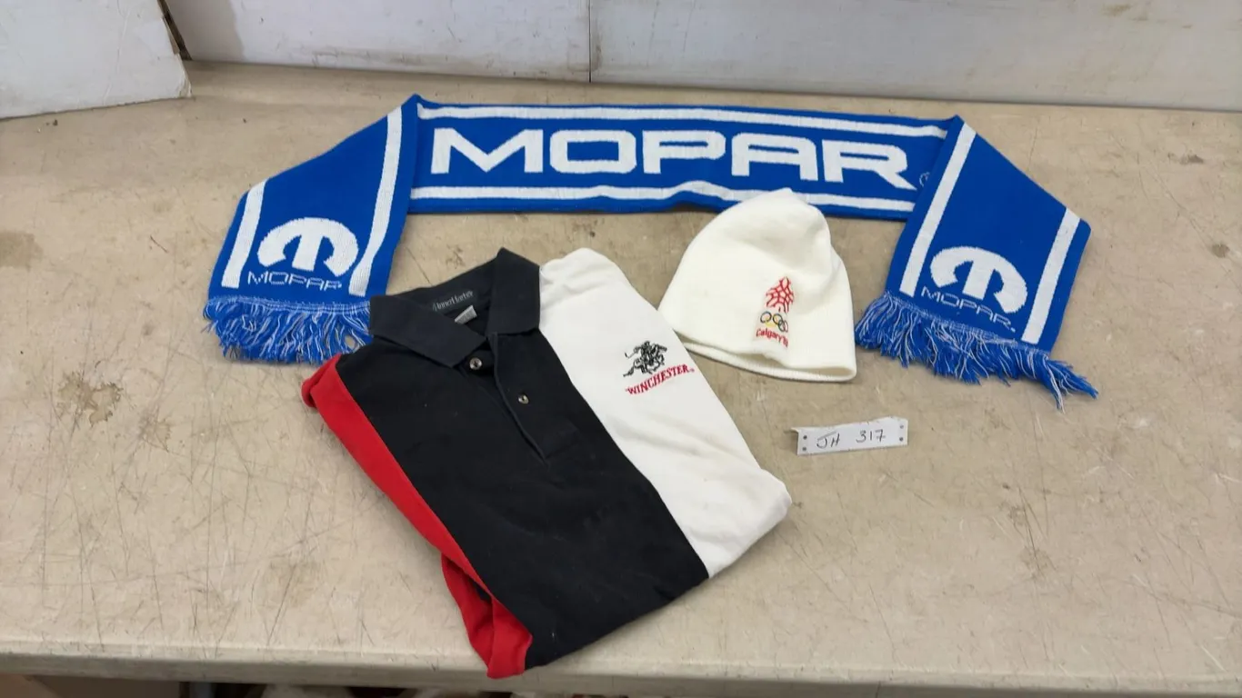 Mopar Scarf, Calgary '88 Winter Olympics Beanie, and Winchester Polo Shirt, Sz L
