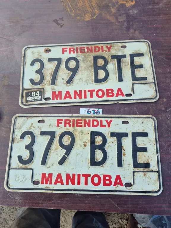 A set of vintage Manitoba license plates, 1983.