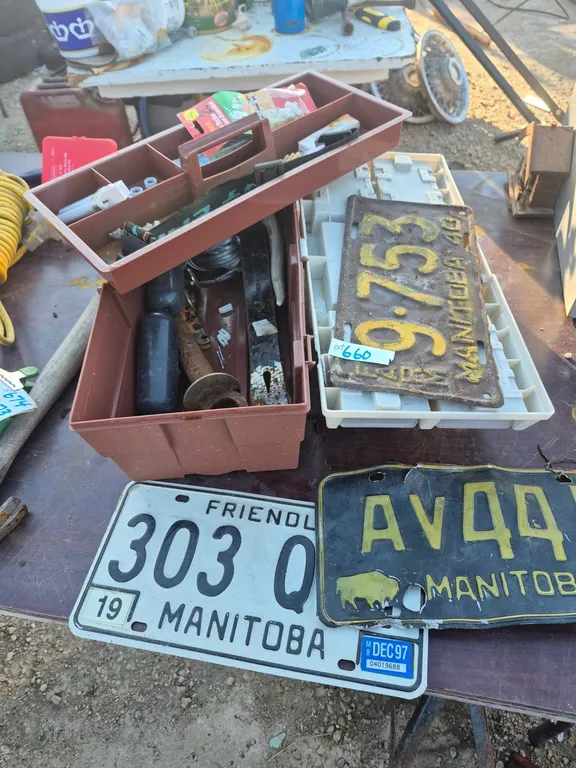 Toolbox and contents, including vintage license plates