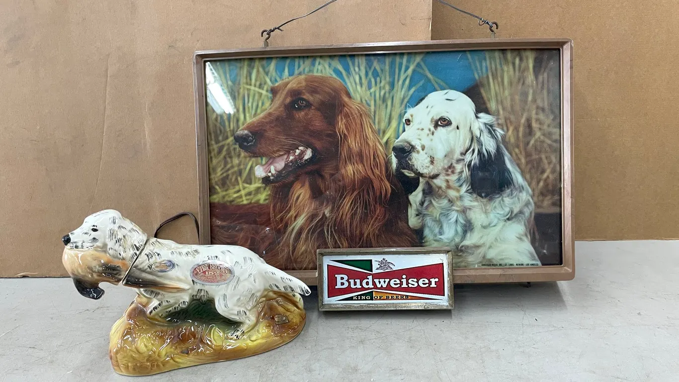 Budweiser Lighted Sign and Ezra Brooks Decanter