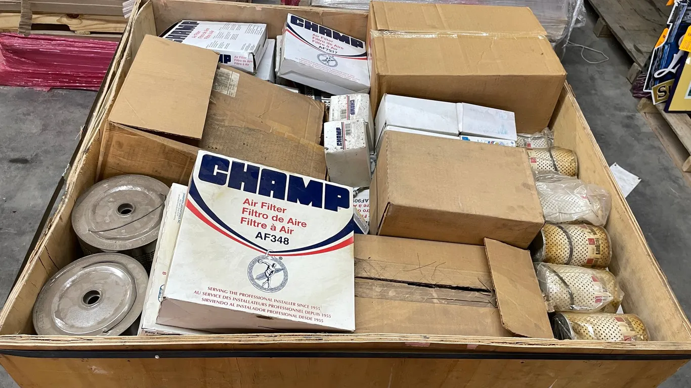 Wood Gaylord Tote of Lube Filters and Air Filters