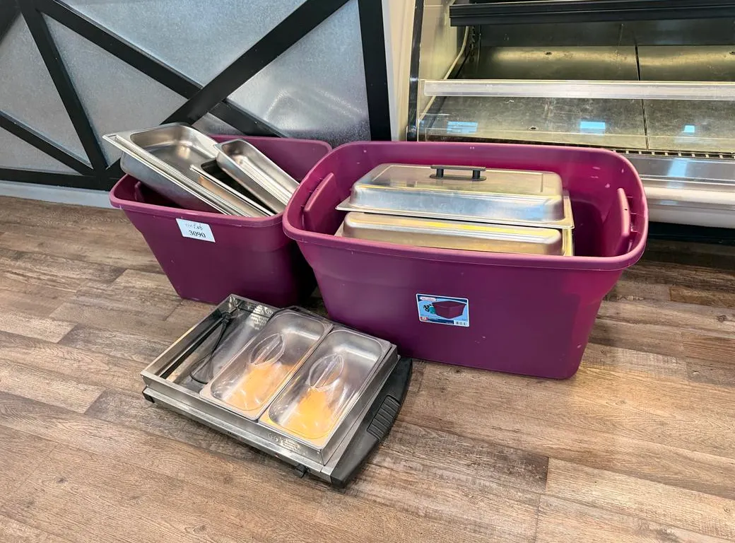(2) Totes of Bunting Pans and Servers