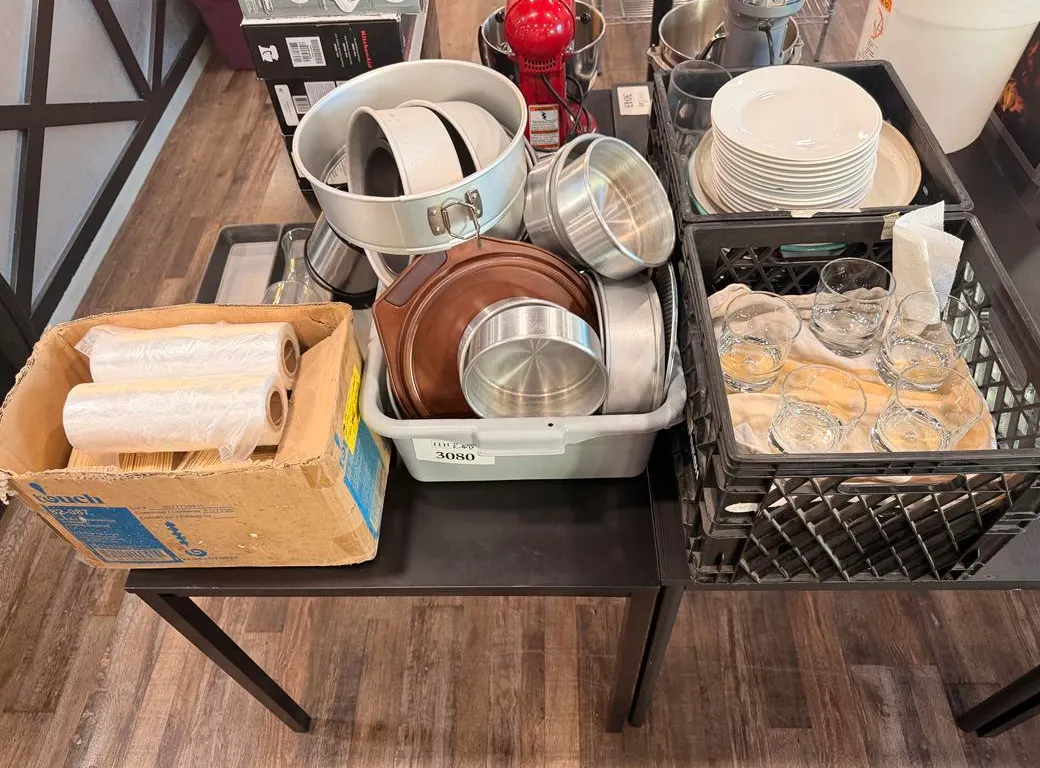 Large Lot of Plates, Glasses, Cake Pans, Skewers and More