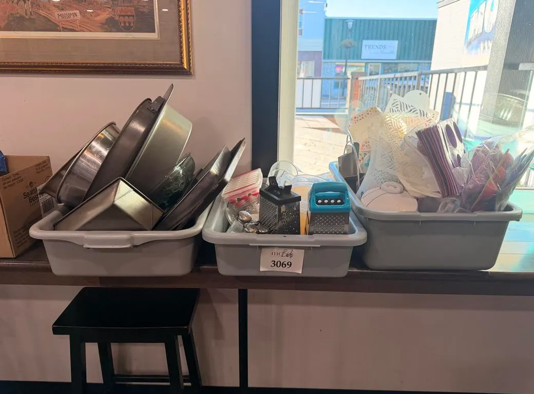 (3) Large Bins of Assorted Bakeware and More