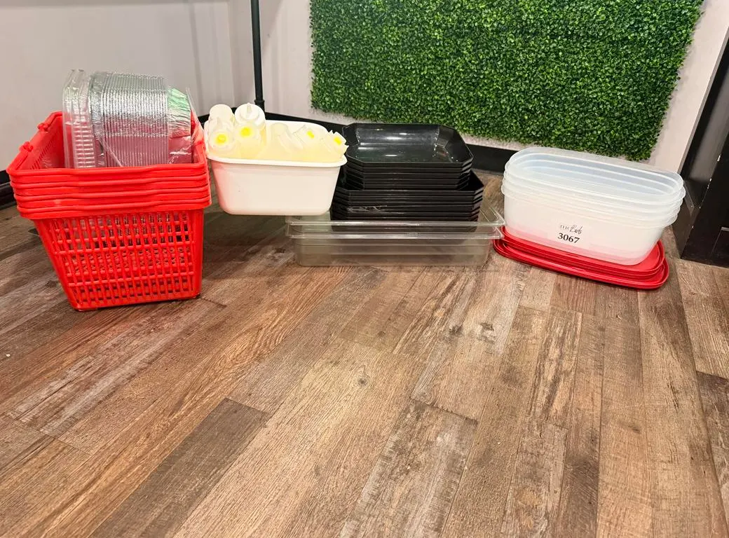 Assortment of Baskets, Foil Trays, Squeeze Bottles, Storage Containers and Trays