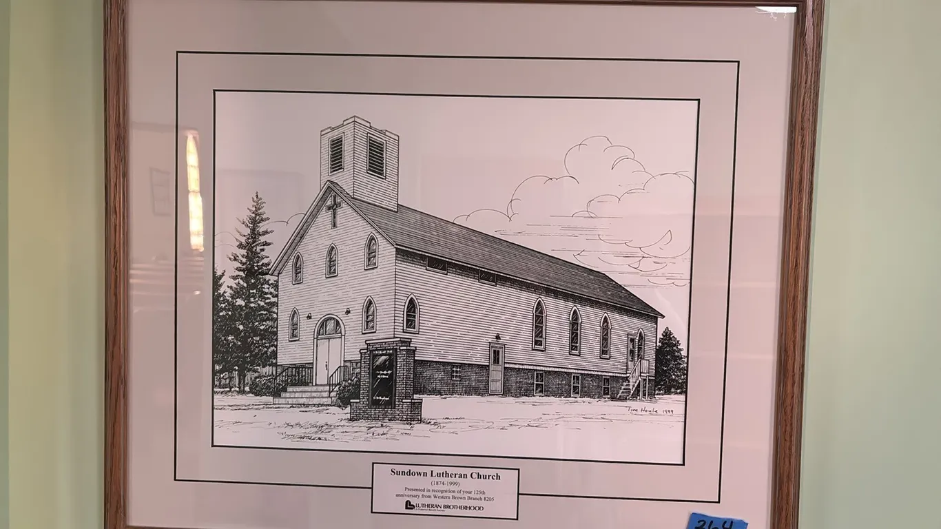 FRAMED PICTURE OF SUNDOWN LUTHERAN CHURCH