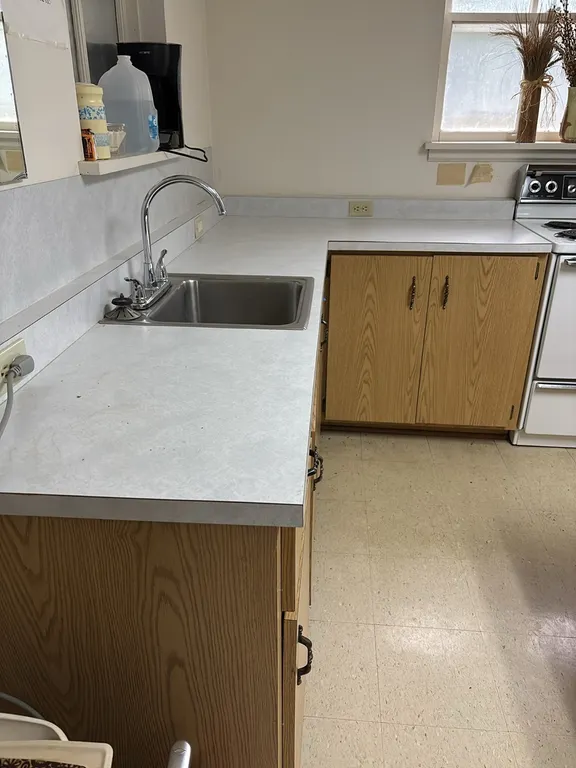 KITCHEN COUNTER-LOWER CUPBOARDS REDWOOD COVERED WITH FORMICA 56”x95”x26”x 3’TALL AND 6’3”x5’x26”x3’TALL-SMALL SINK AND FAUCET-ISLAND 5’9”x23”x3’TALL A