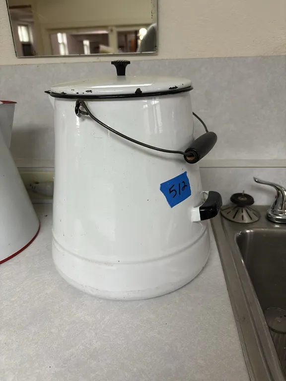VINTAGE BLACK AND WHITE ENAMEL COFFEE POT