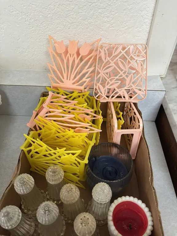 SALT AND PEPPERS-VINTAGE PLASTIC LUSTRO WARE NAPKIN HOLDERS
