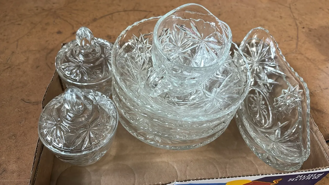 GLASS CREAMER AND SUGAR-4 SERVING BOWLS-PICKLE DISHES
