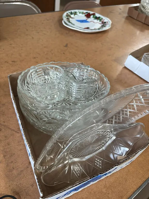 3 SERVING BOWLS-PICKLE DISHES-CREAM AND SUGAR