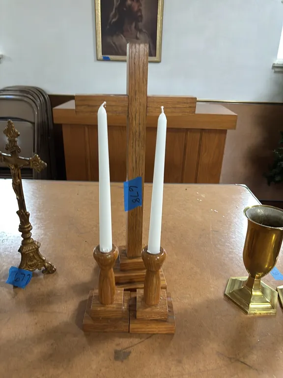 WOODEN CROSS AND TAPPERED CANDLES AND HOLDERS