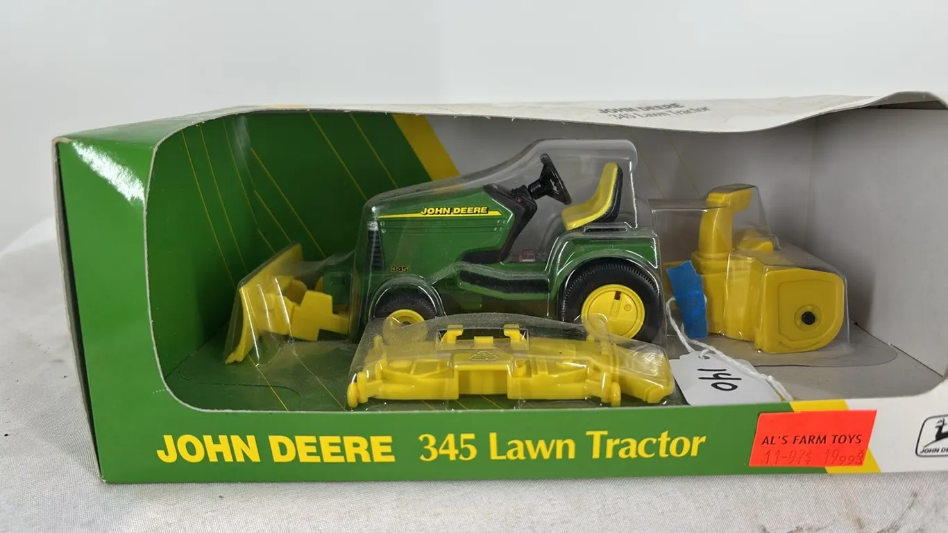 JOHN DEERE 345 LAWN TRACTOR DIE CAST METAL WITH ATTACHMENTS 1/16