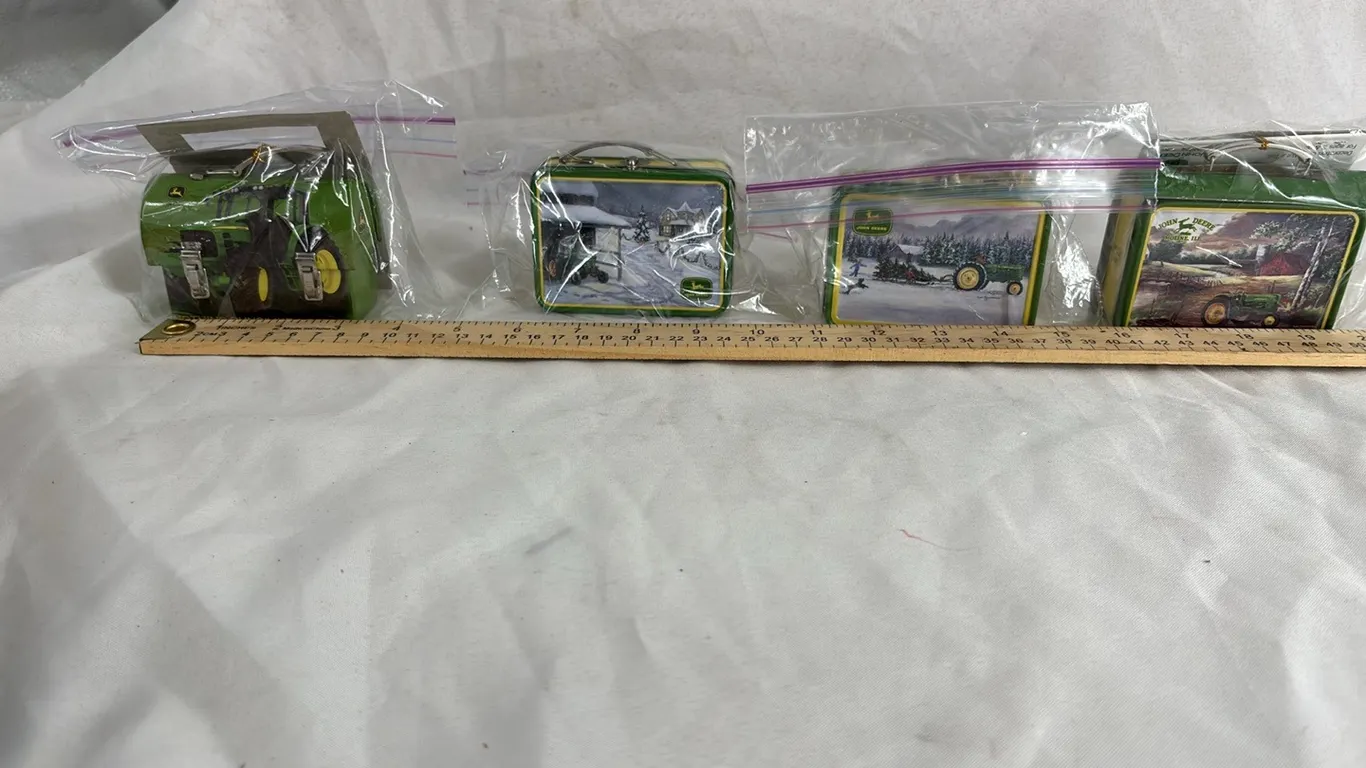 4 JOHN DEERE TIN LUNCH BOX ORNAMENTS
