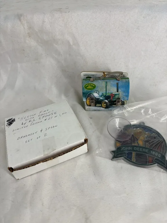 JOHN DEERE LIMITED EDITION ORNAMENT AND SPOON-JOHN DEERE TIN LUNCH BOX ORNAMENT-JOHN DEERE SUN CACHTER