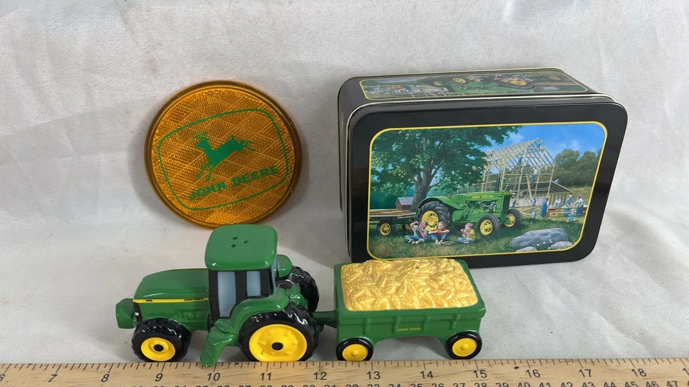 JOHN DEERE SALT AND PEPPER SHAKERS-JOHN DEERE TIN-JOHN DEERE REFLECTER MAGNET