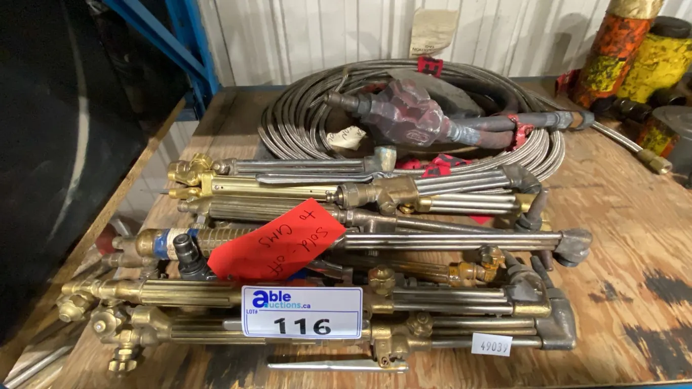 GROUP OF ASSORTED WELDING TORCHES, BRAIDED STEEL HOSE, GAUGE, ELECTRICAL OUTLET & HEAVY DUTY