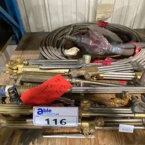 GROUP OF ASSORTED WELDING TORCHES, BRAIDED STEEL HOSE, GAUGE, ELECTRICAL OUTLET & HEAVY DUTY