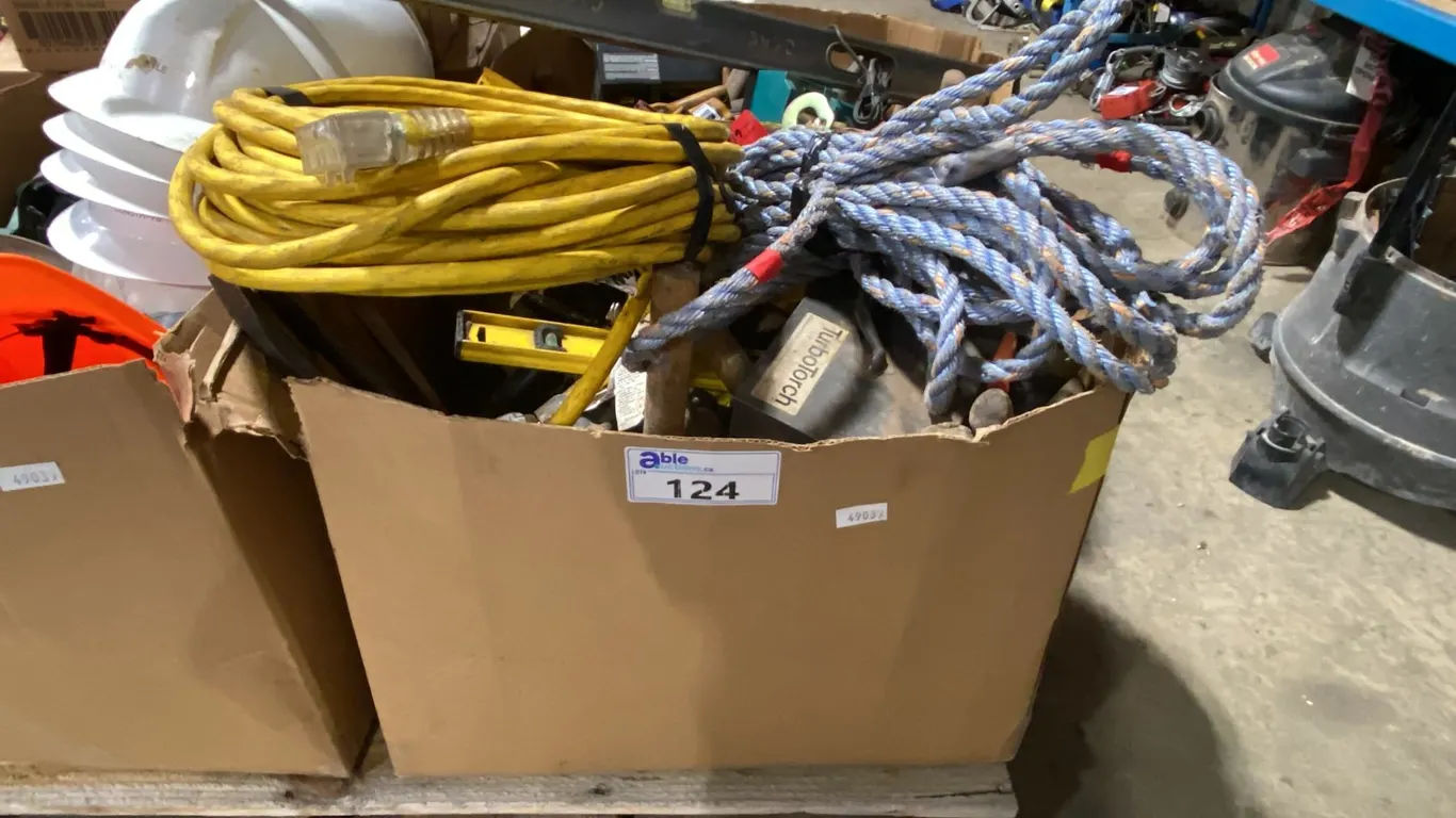 BOX OF ASSORTED HAND TOOLS, CLAMPS, EXTENSION CORDS, LEVELS & MORE