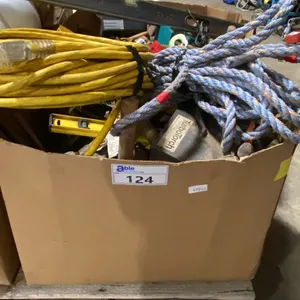 BOX OF ASSORTED HAND TOOLS, CLAMPS, EXTENSION CORDS, LEVELS & MORE