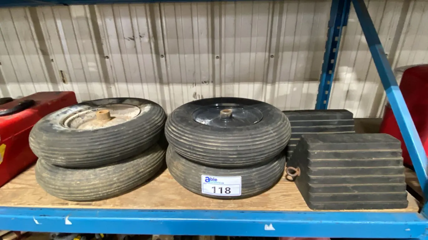 2 RUBBER WHEEL CHOCKS & SET OF 4, 4.80/4.00-8 EQUIPMENT TIRES