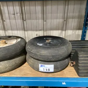 2 RUBBER WHEEL CHOCKS & SET OF 4, 4.80/4.00-8 EQUIPMENT TIRES