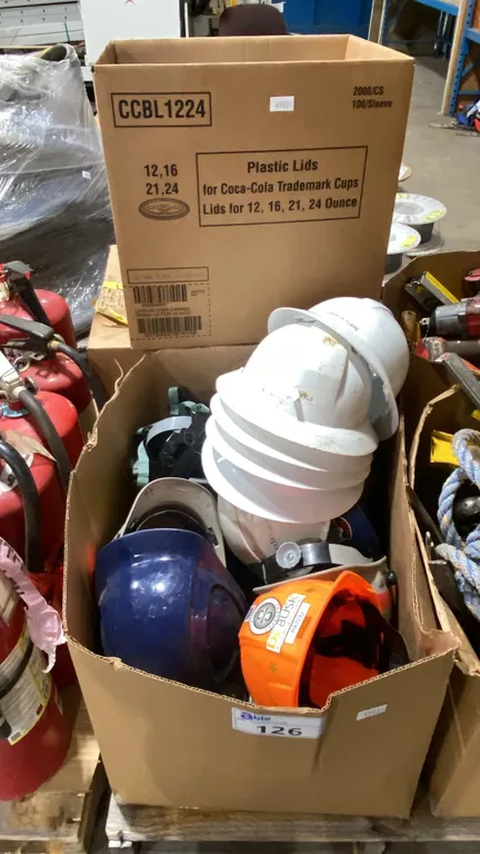 3 BOXES OF HARDHATS, LEATHER WORK GLOVES, SAFETY GLASSES & LIGHTBULBS