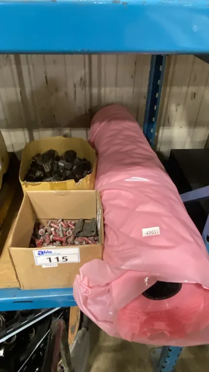 LARGE ROLL OF PINK ANTI-STATIC POLY TUBING, BOX OF WIRE BRUSH DRILL ATTACHMENTS & BOX OF DRILLED