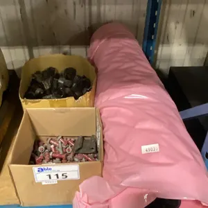 LARGE ROLL OF PINK ANTI-STATIC POLY TUBING, BOX OF WIRE BRUSH DRILL ATTACHMENTS & BOX OF DRILLED