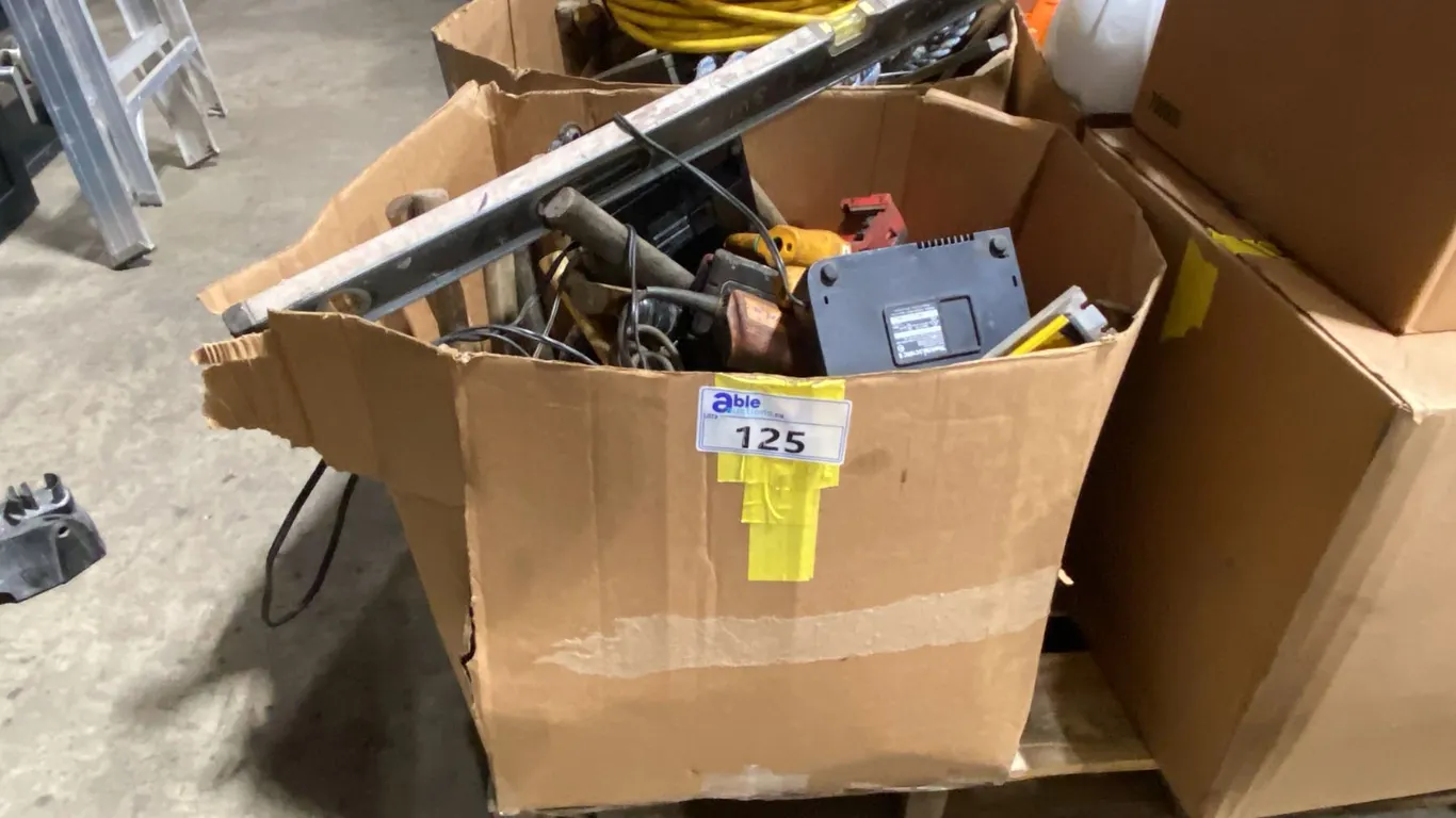 BOX OF ASSORTED POWER TOOLS, CHARGERS, LEVELS, HAND TOOLS & MORE