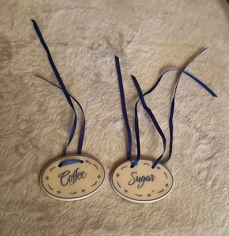 2 Longaberger Pottery Coffee and Sugar Tags with Blue Ribbons