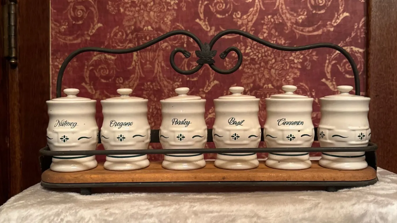 Longaberger Pottery Spice Jars with Metal/Wood Holder