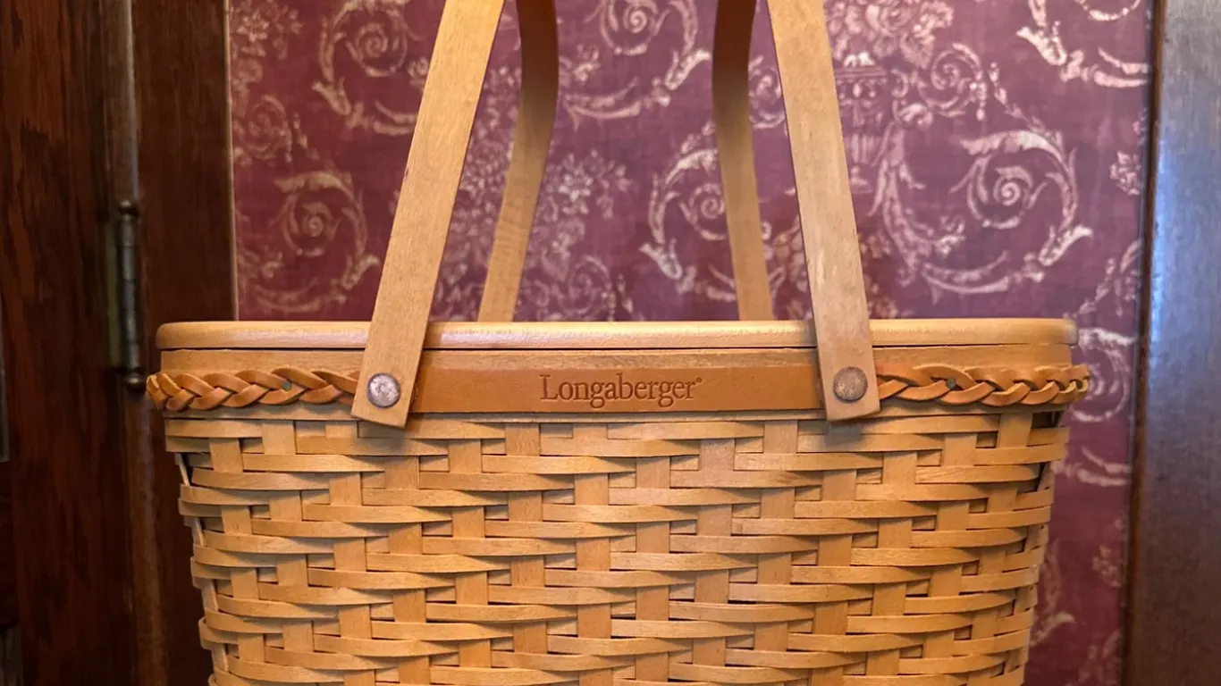 Longaberger Handwoven Basket with Lid and Leather Handles