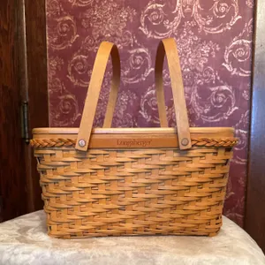 Longaberger Handwoven Basket with Lid and Leather Handles