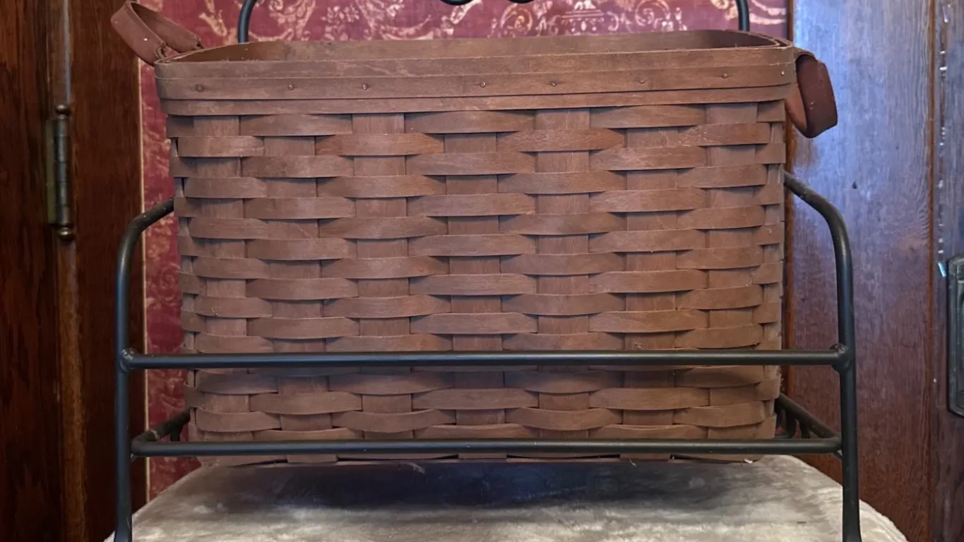 Longaberger Leather Handle Basket with Metal Stand