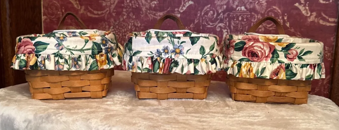 3 Longaberger Handwoven Baskets with Floral Liners