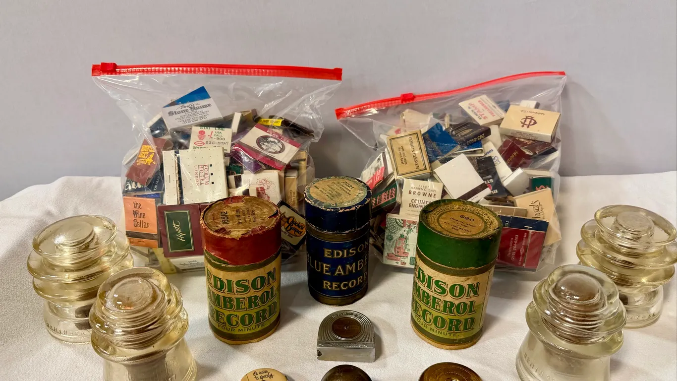Edison Cylinder, Glass Insulators, Vintage Matchpads