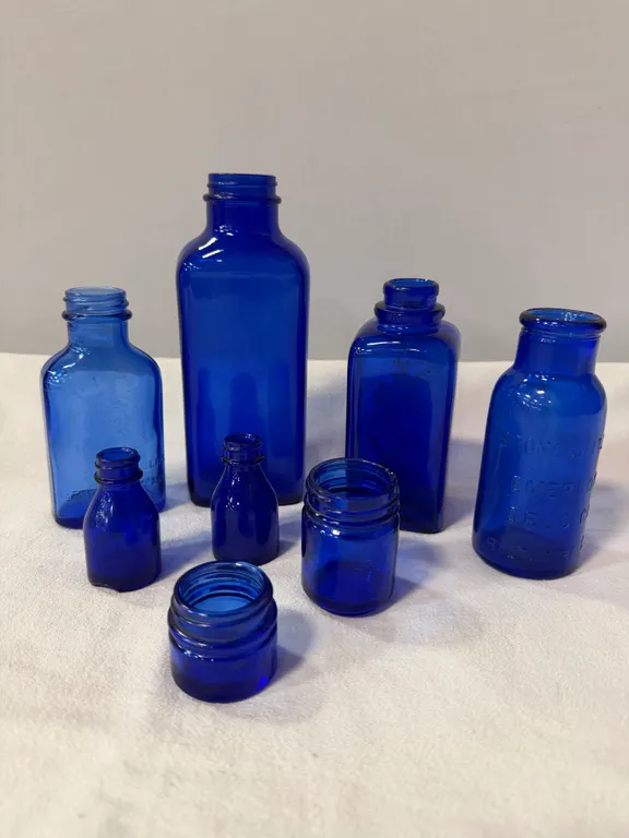 Eight Vintage Blue Glass Bottles & Jars