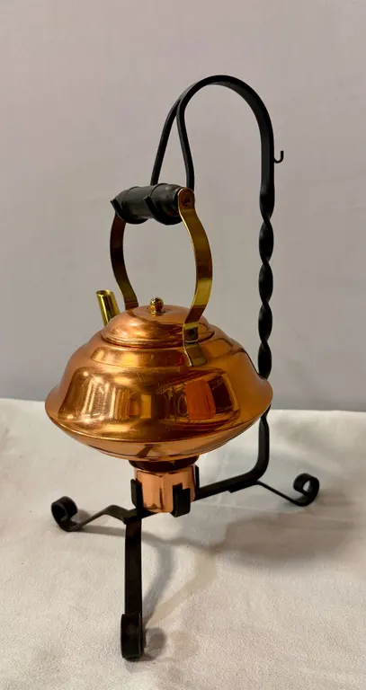 Copper & Brass Kettle on Wrought Iron Warming Stand