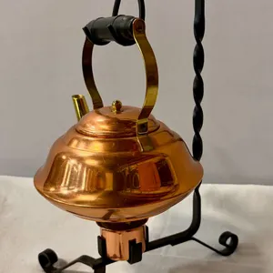 Copper & Brass Kettle on Wrought Iron Warming Stand